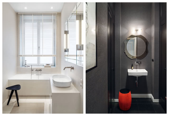 Przestronny biały salon
kąpielowy i mała czarna
łazienka dla gości. A w nich
urządzenia marki Antonio
Lupi i czerwony stolik News
marki Gervasoni, kupione
w showroomie Mood.