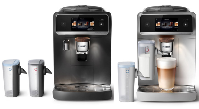Ekspresy Philips LatteGo Pro 8000 w kolorach antracytowym i srebrnym, z systemem spieniania mleka i karafkami do gorącej i zimnej pianki.