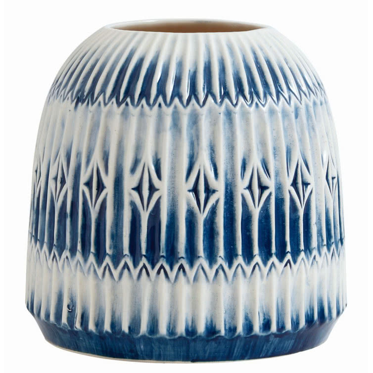 Wazon niebieski z rowkami - H25 cm - niebieski/biały