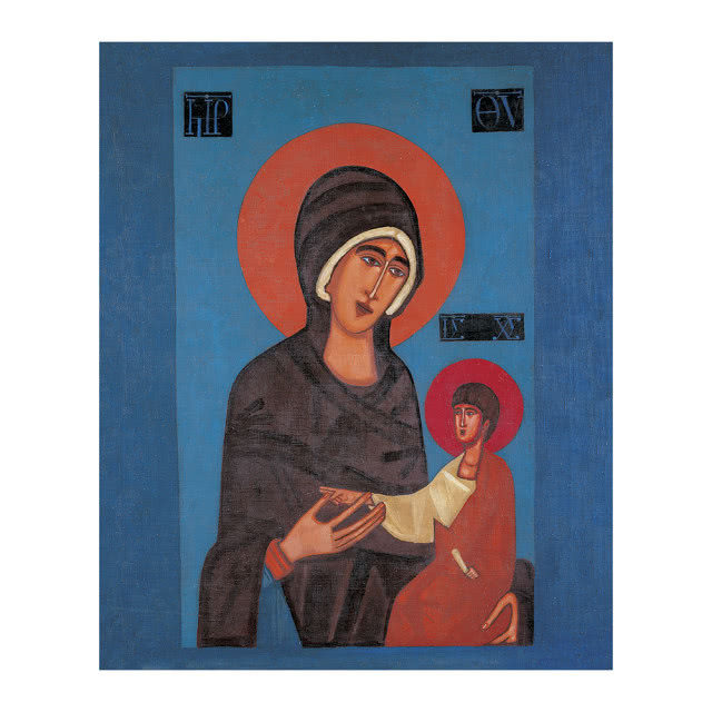 Maria trzyma na kolanach małego Jezusa