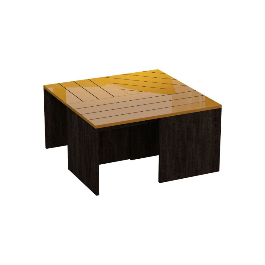 Ciemnobrązowy stolik z musztardowym blatem...