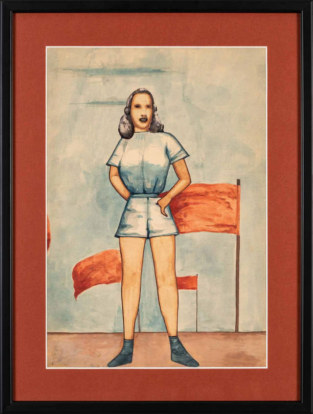 stylistyka PRL, kobieta na tle czerwonych flag