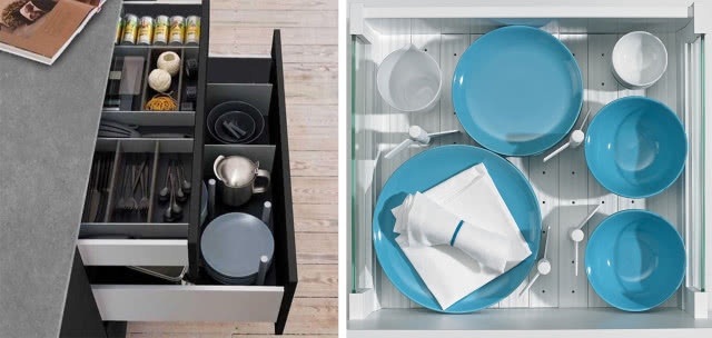 sztućce, przegrody w szufladzie, nici, folia spożywcza, talerze, miseczki