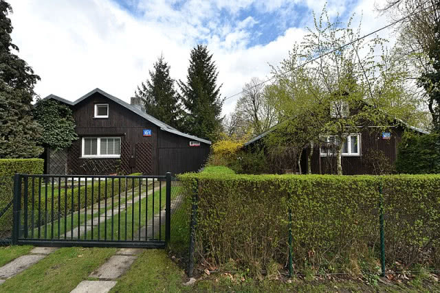 widok na domy z eleganckim żywopłotem