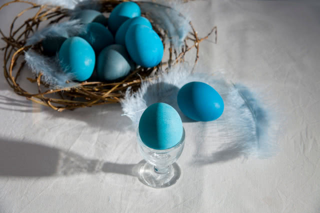 jajka pomalowane na niebiesko, niebieskie piórka, gniazdo, szklane kieliszki, biały obrus 
