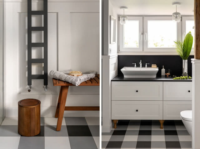 Biała łazienka z biało-czarną podłogą w kratkę