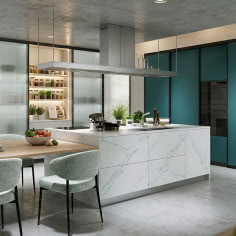 Nowoczesna kuchnia z wyspą i przesuwnymi zabudowami 