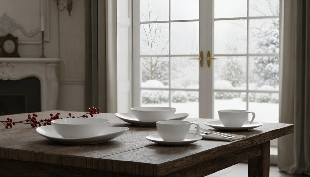 biała porcelana Duka, drewniany stół