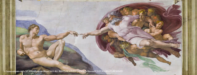 Michał Anioł, fresk oryginalny w Kaplicy Sykstyńskiej, stworzenie człowieka