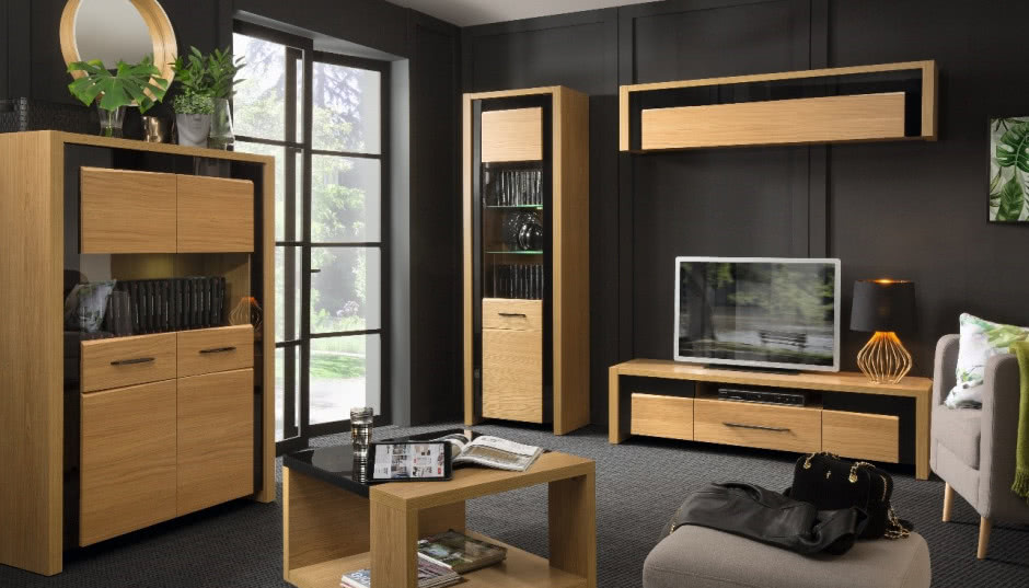 Meble Arosa - dąb i czarne szkło do nowoczesnego salonu