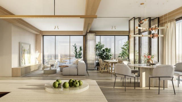 wnętrze od strony kuchni na salon z kanapą