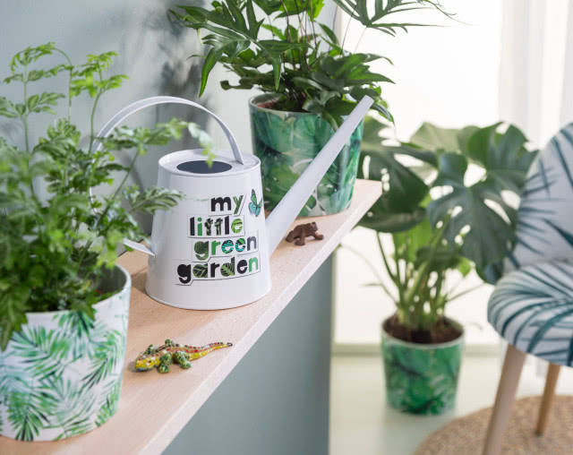 Jak pielęgnować domowe rośliny, by bujnie rosły? konewka, doniczki z motywem liści