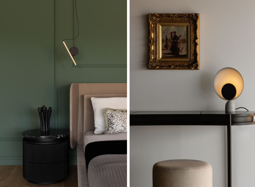 W sypialni lampa stołowa Blooper stoi
na...