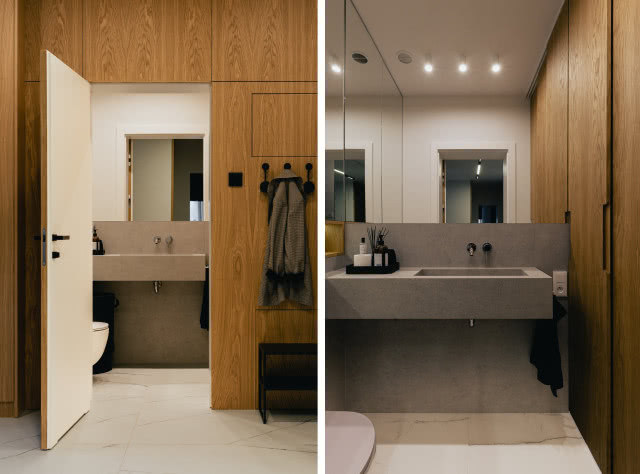 Łazienka w szarościach i drewnie