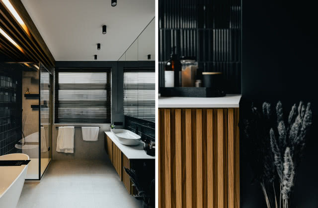 Aranżacja łazienki w czerni i drewnie