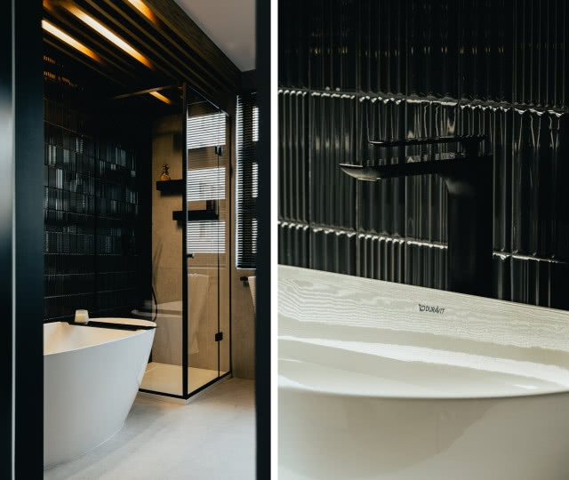 Czarna łazienka z wanną wolnostojącą