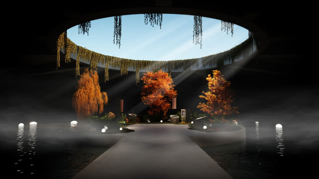 okap sufitowy, płyta gazowa, piekarnik, kamień, drzewa, trawa, oświetlenie ogrodowe, paprocie, okrągły otwór w suficie, woda po bokach, pnącza