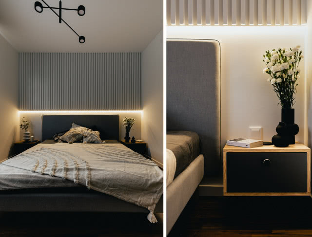 Szara sypialnia z czarnymi dodatkami