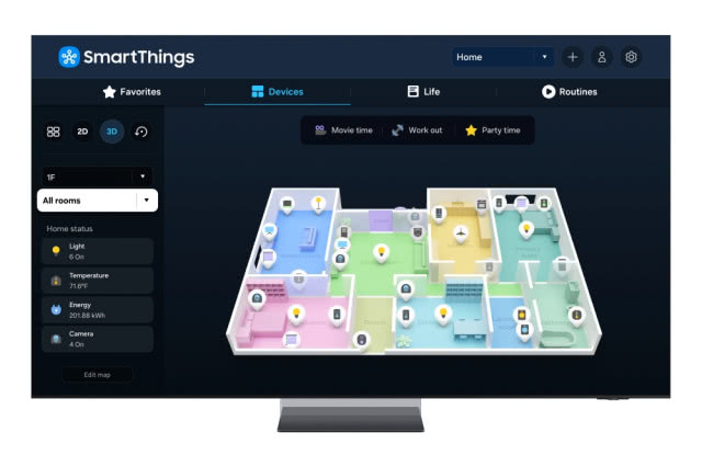 Interfejs Samsung SmartThings na telewizorze z mapą 3D domu, umożliwiający zarządzanie urządzeniami inteligentnego domu.