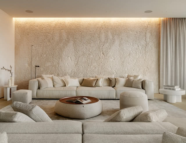 dekoracyjna ściana w salonie - tynk wapienny