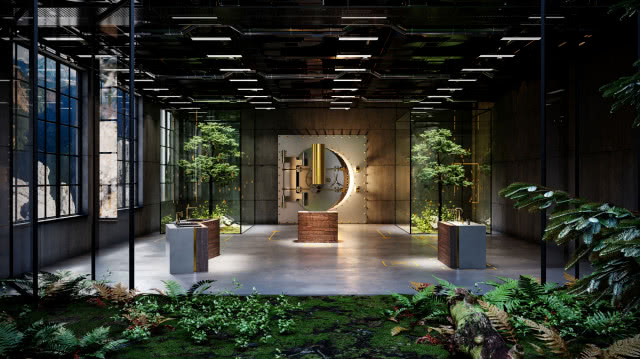 showroom AGD, okap, zlewozmywaki, złote baterie zlewozmywakowe, drzewa, mech, paprocie, oświetlenie sufitowe