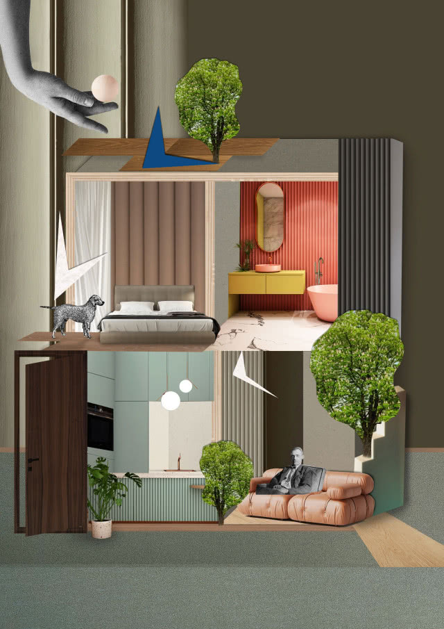 Design jak kolaż. Prace ilustratorki Anny Glik w nowej komunikacji galerii wnętrz Home Concept, kolaż, drzewa, łazienka, kuchnia, sypialnia, salon, kanapa, wanna wolnostojąca, pies