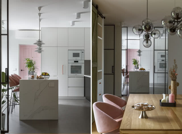 Aranżacja kuchni z jadalnią z kolorem różowym