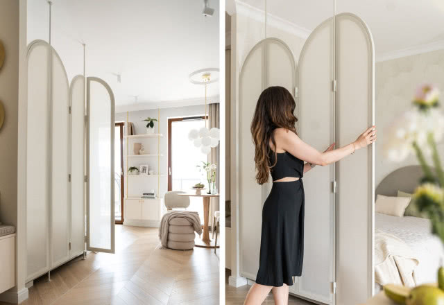 Strefa sypialniana wydzielona parawanem