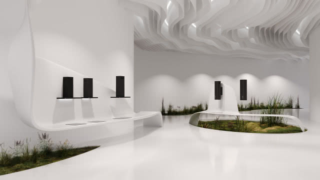 showroom AGD 3D, okapy, białe ściany i podłoga orz sufit, trawa, 