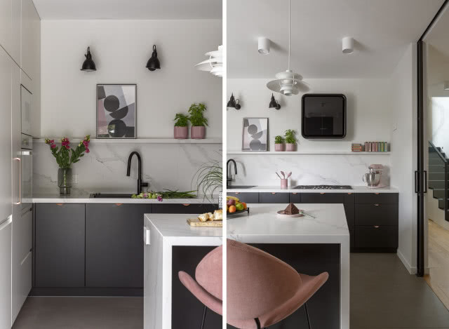 Antracytowa kuchnia bez szafek górnych