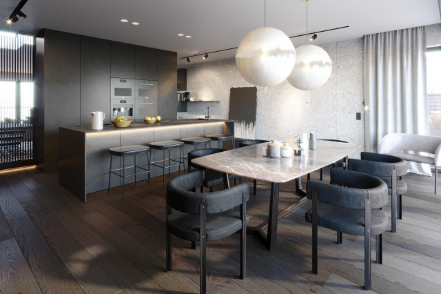 ciemna kuchnia z jadalnią