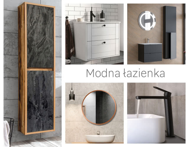 łazienka w kolorze biały, szarym i czarnym, lustro