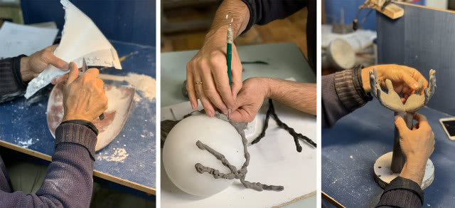 Na lewym zdjęciu mosiężne uchwyty i dekoracje ścienne: Manta S II, Shark I, Shark V -  OceanCollection. NA prawym zdjęciu mosiężne uchwyty i dekoracje ścienne: Manta XL II, Manta XL III - OceanCollection.