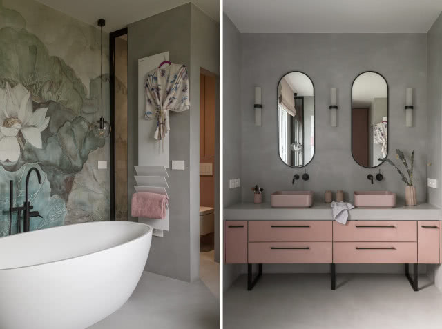 Wanna wolnostojąca na tle tapety w kwiaty i różowych dodatków