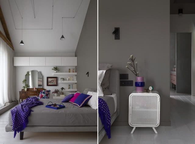 Eklektyczna sypialnia w odcieniach szarości