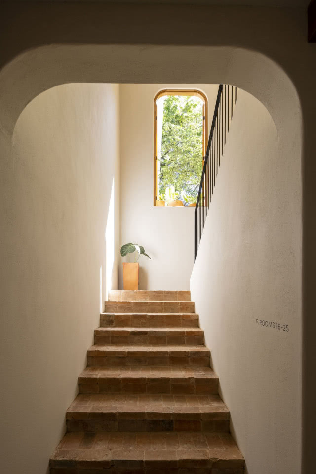 schody na piętro, w tle donica