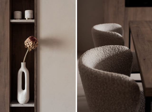 Dodatki w stylu japandi i meble z tkaniną boucle