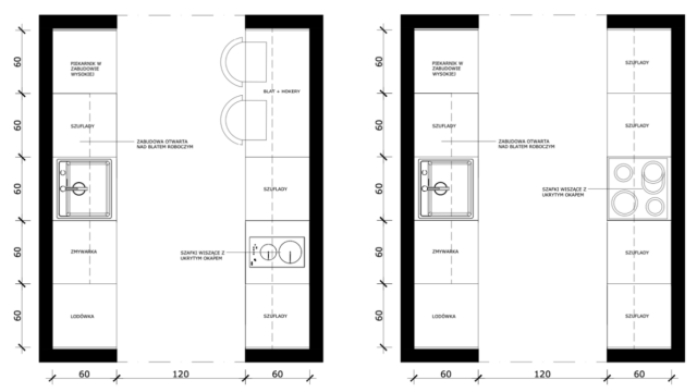 Dwie wersje rzutu małej kuchni przygotowane przez arch. Martynę Midel 