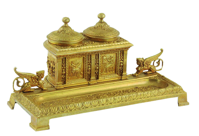 Ekrytuar z alegorią
Malarstwa i Rzeźby, Anglia, Bath, koniec XIX w., brąz złocony,
13 x 27,3 x 17,5 cm, Rempex, aukcja 17 grudnia 2018 r., estymacja
2200 - 3000 zł, niesprzedany