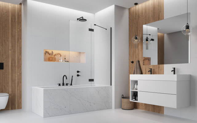 kabina prysznicowa nawannowa, deszczownica, sedes, kosz na bieliznę meble łazienkowe, duże lustro, drewno na ścianie